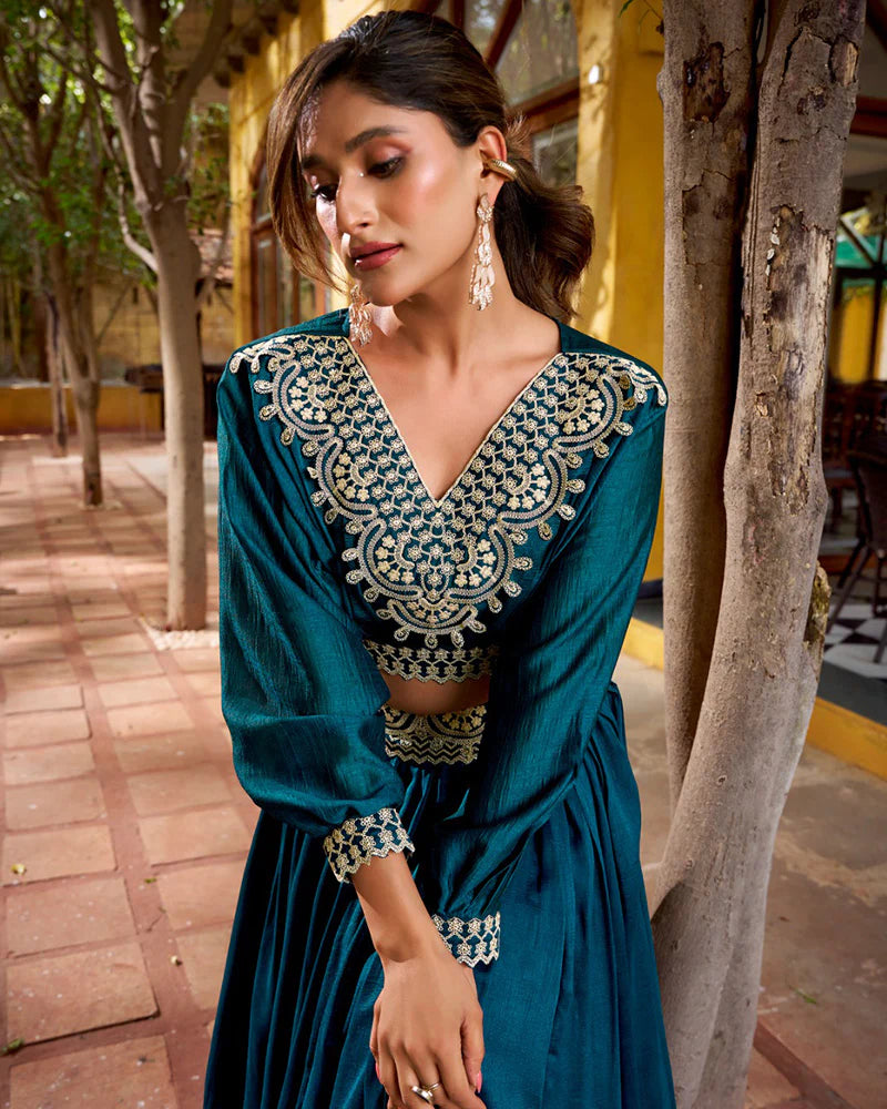 Womenline Peacock Blue Color Vichitra Silk Embroidered Lehenga Choli
