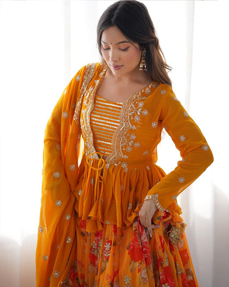 Womenline Mustard Color Georgette Printed And Embroidered Lehenga Choli
