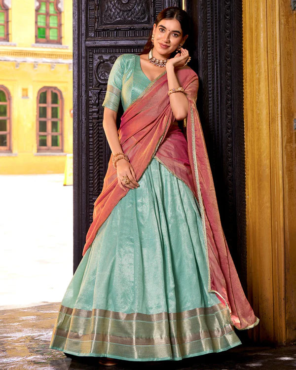 Womenline Sky Blue Color Dupion Silk Zari Weaving Half Saree