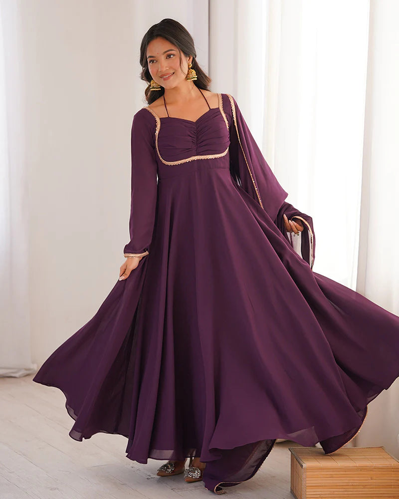 Womenline Wine Color Pure Blooming Georgette Anarkali Gown