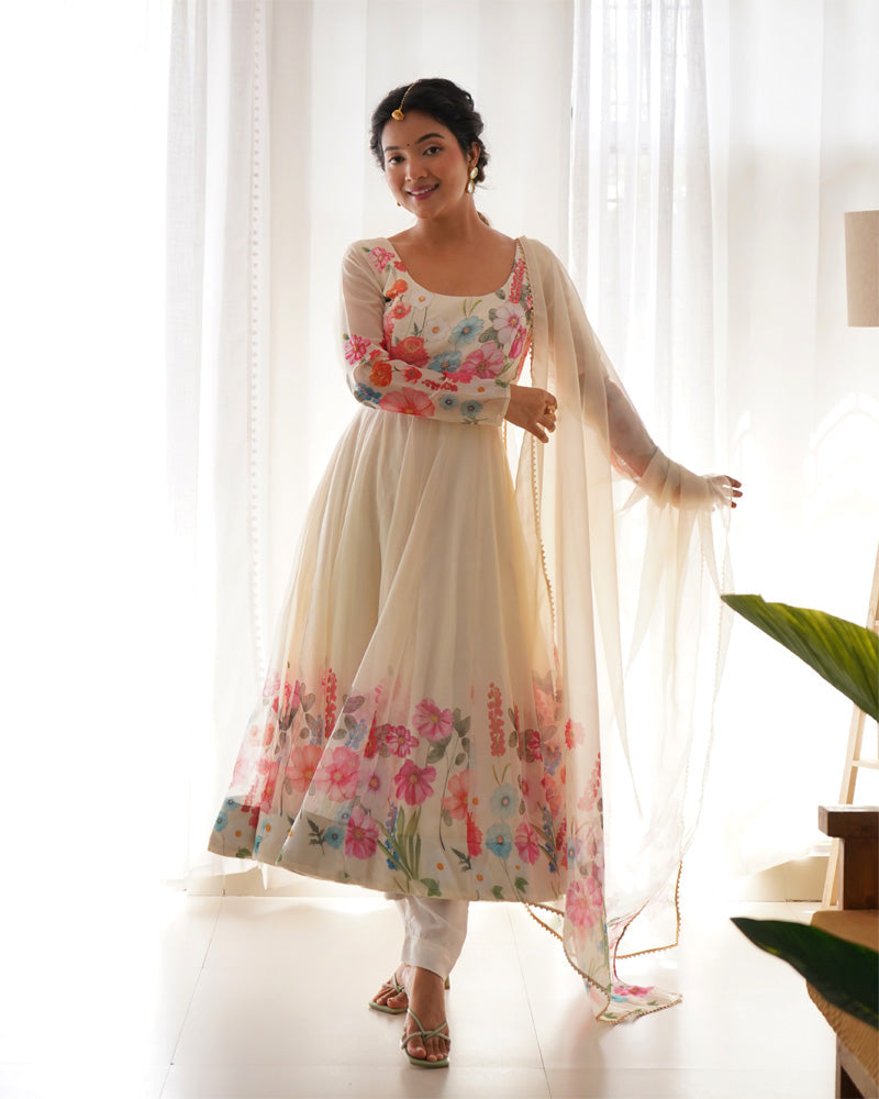 Womenline Off White Floral Print Organza Three Piece Anarkali Suit