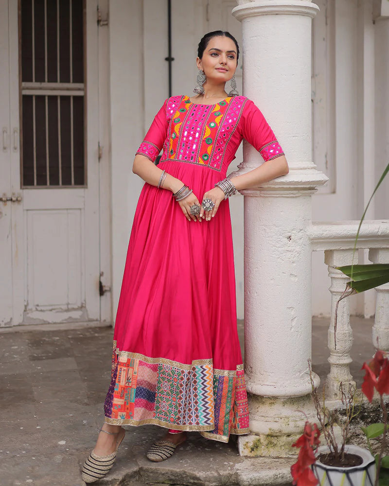 Womenline Colorful Border Pink Color Roman Silk Gamthi Work Navratri Gown