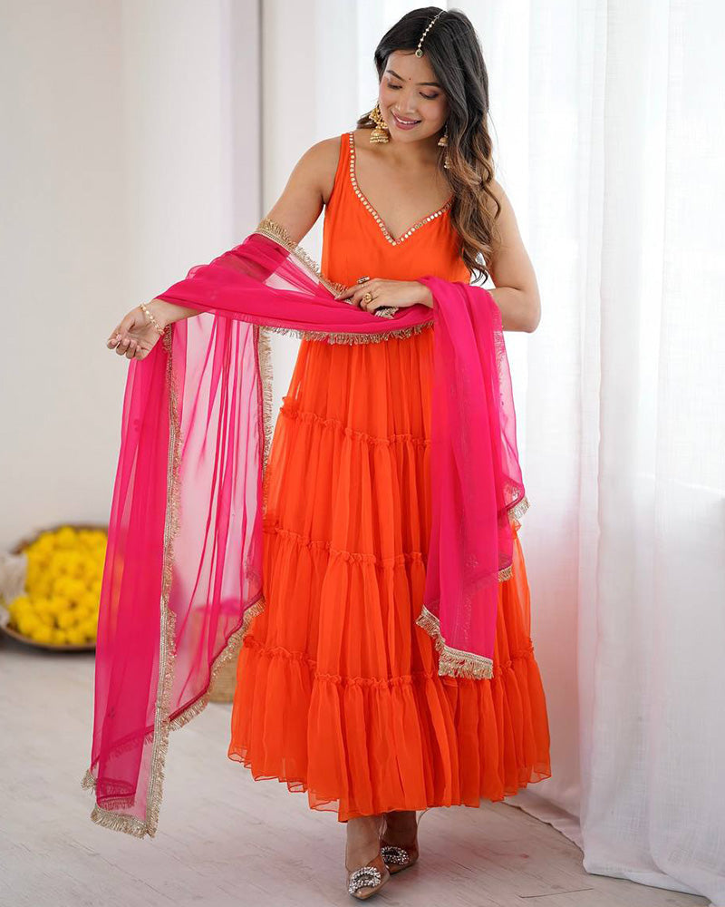 Womenline Orange Color Georgette Chiffon Three Piece Anarkali Suit