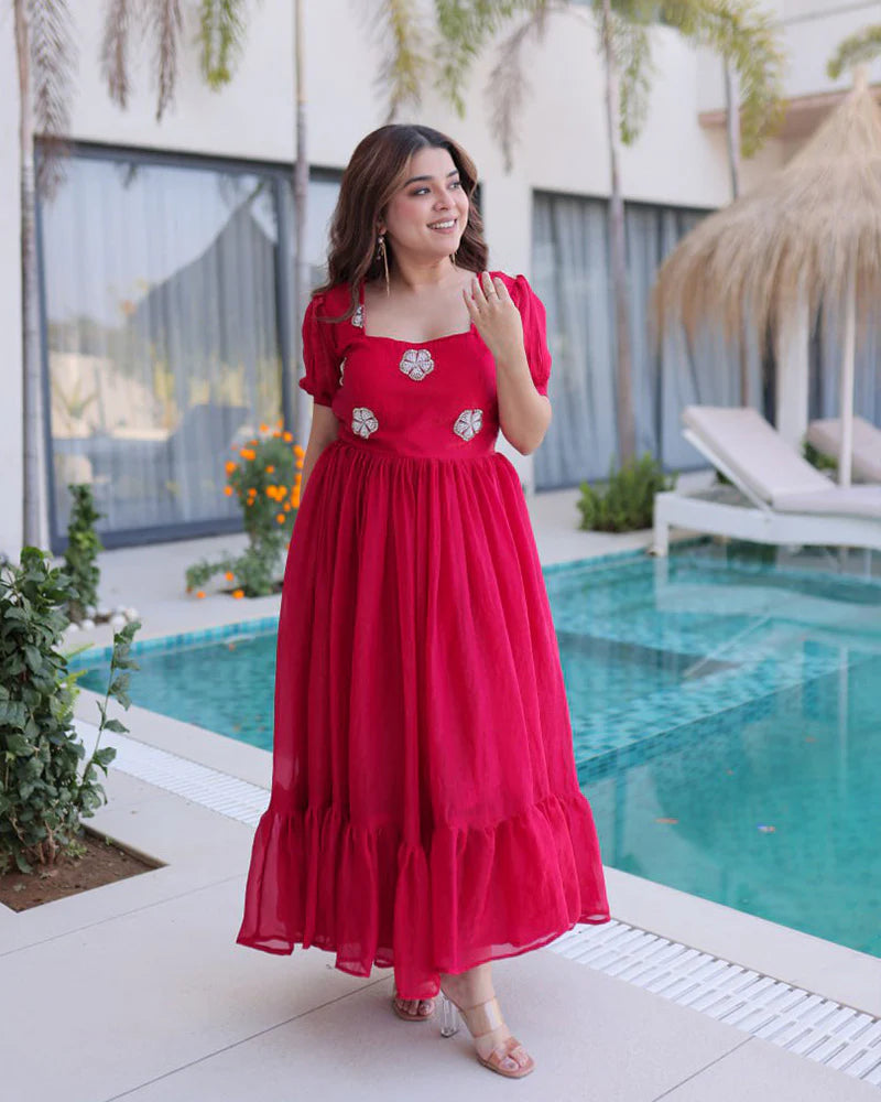 Womenline Pink Color Fendi Silk Beads Embroidered Gown