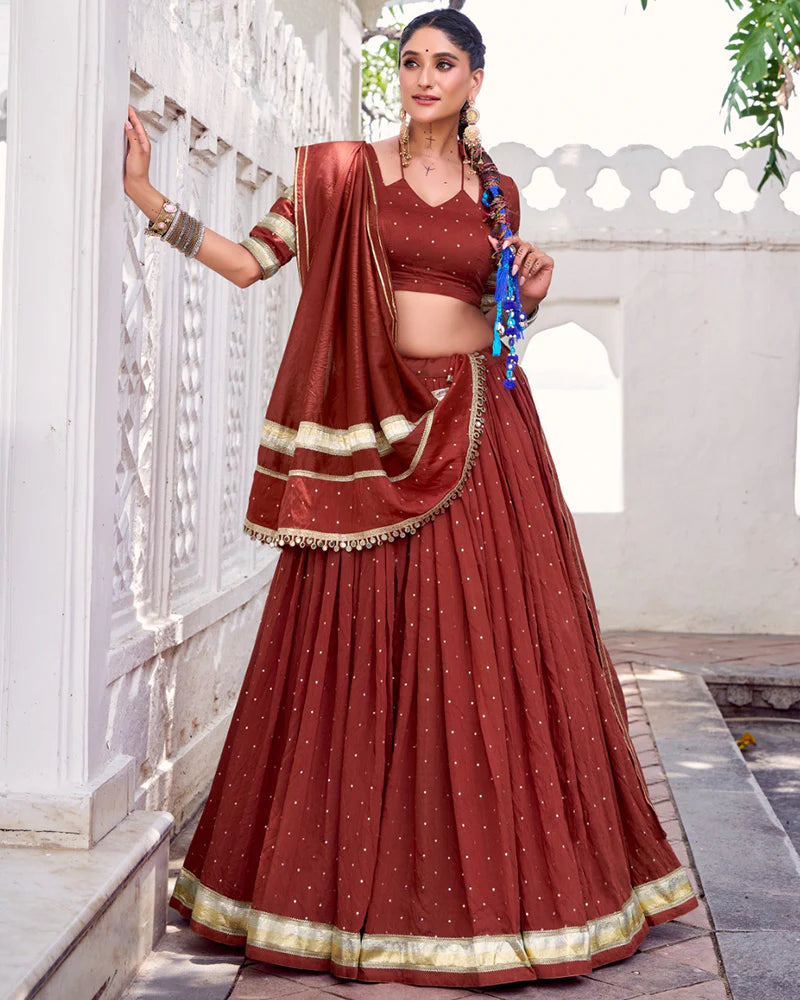 Womenline Classic Rust Orange Color Pure Chanderi Navratri Lehenga Choli