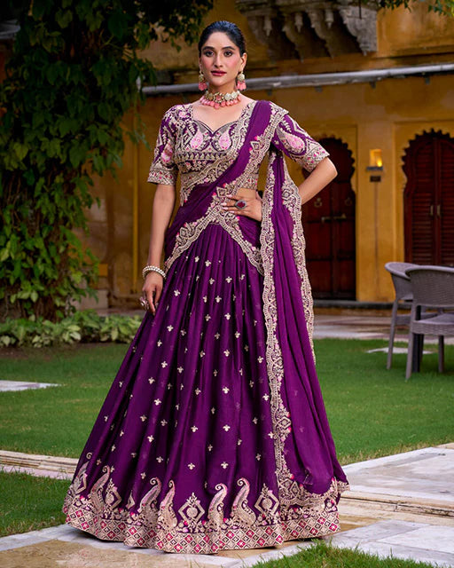 Womenline Purple Color Rangoli Crush Embroidered Lehenga Choli
