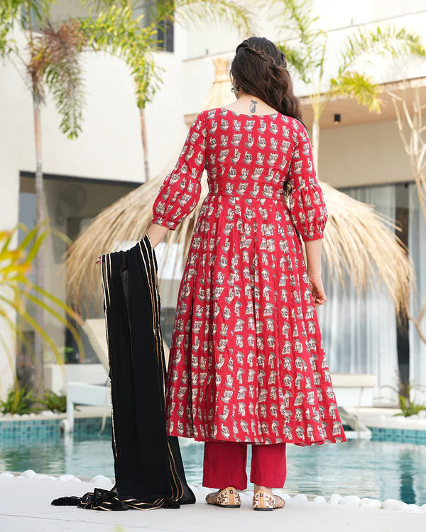 Womenline Red And Black Color Printed Pure Cotton Anarkali Suit