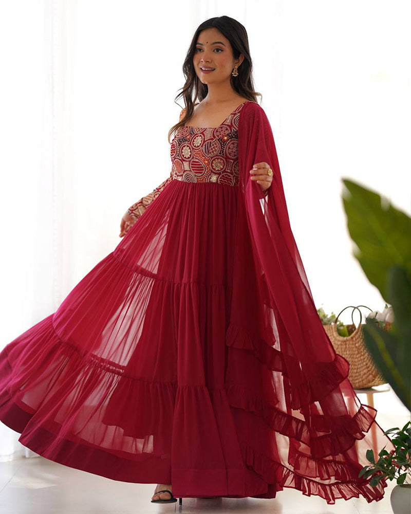 Womenline Maroon Color Soft Georgette Embroidered Anarkali Suit