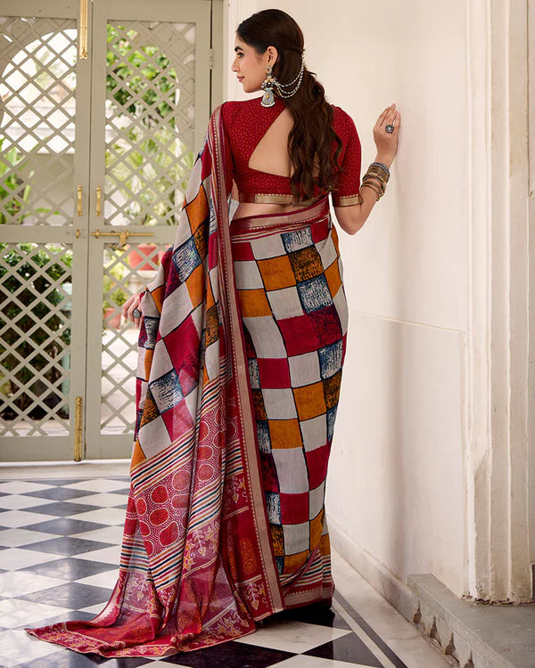 Womenline Maroon Color Polyester Chanderi Printed Saree