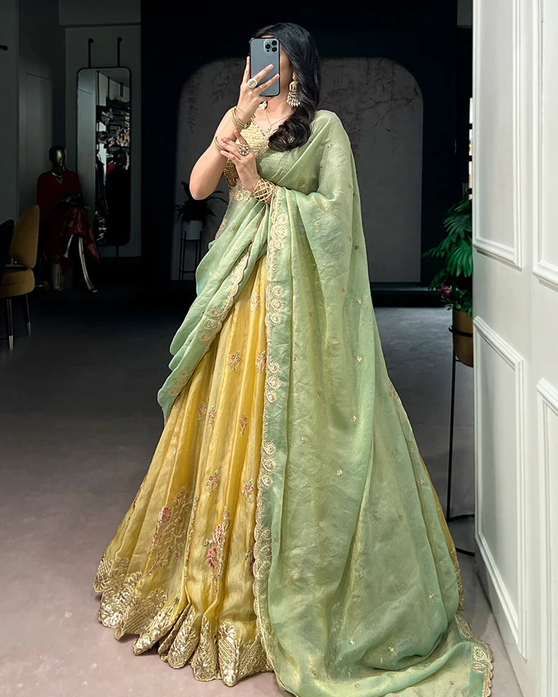 Womenline Yellow Color Moss Silk Embroidered Lehenga Choli