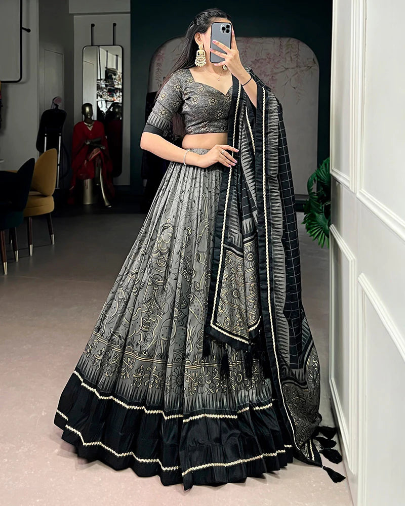 Womenline Grey Color Tasar Silk Kalamkari Printed Lehenga Choli