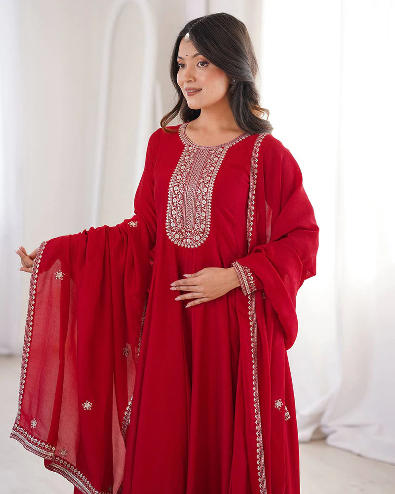 Womenline Dark Red Color Vichitra Silk Embroidered Gown