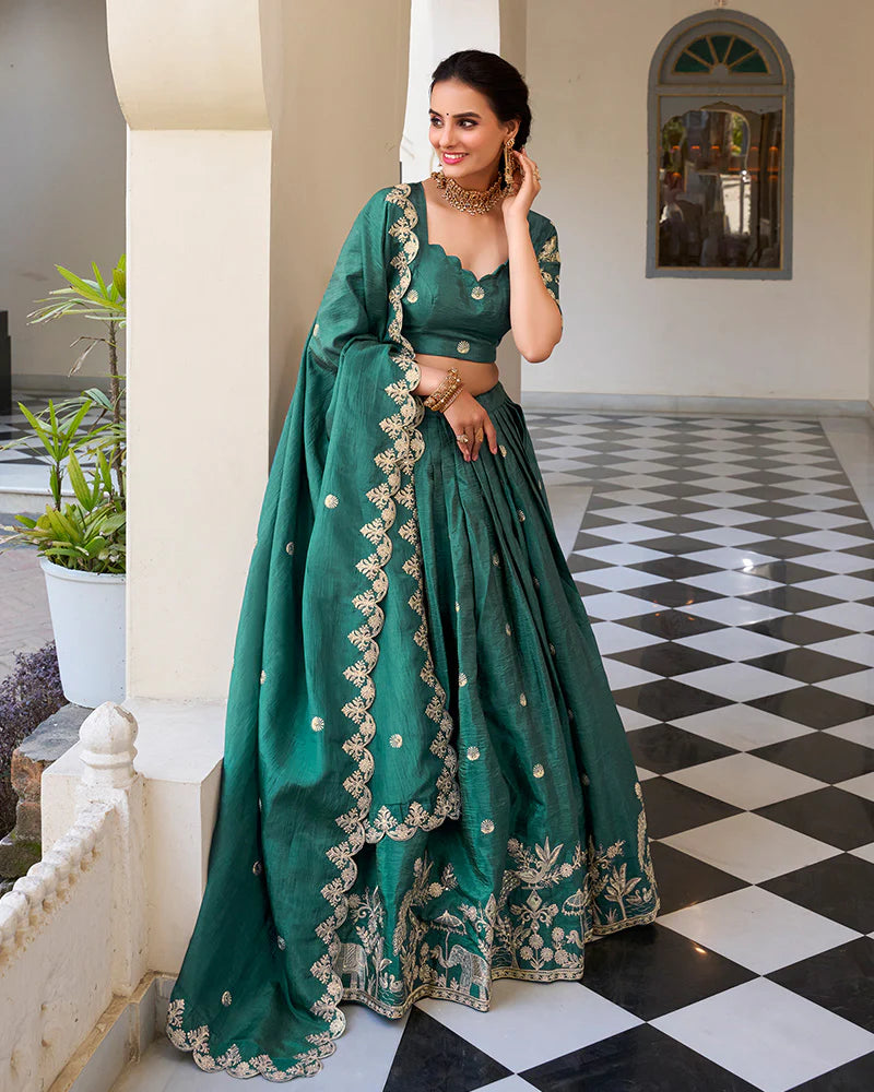 Womenline Teal Green Color Gold Crush Embroidered Lehenga Choli
