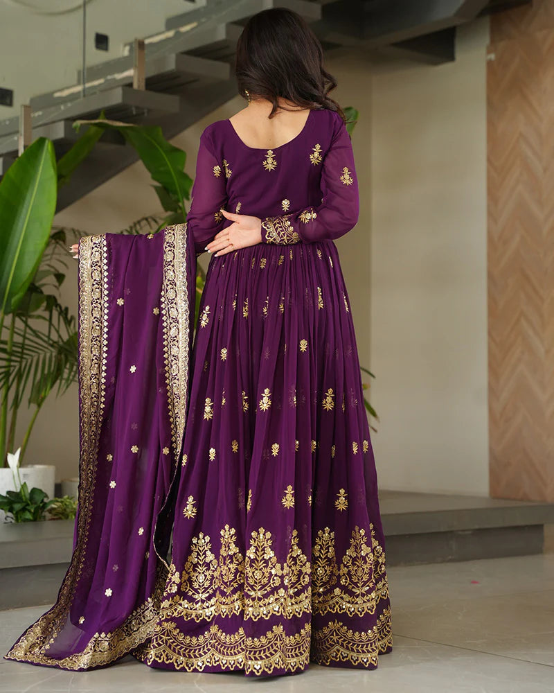 Womenline Purple Color Designer Blooming Embroidered Gown