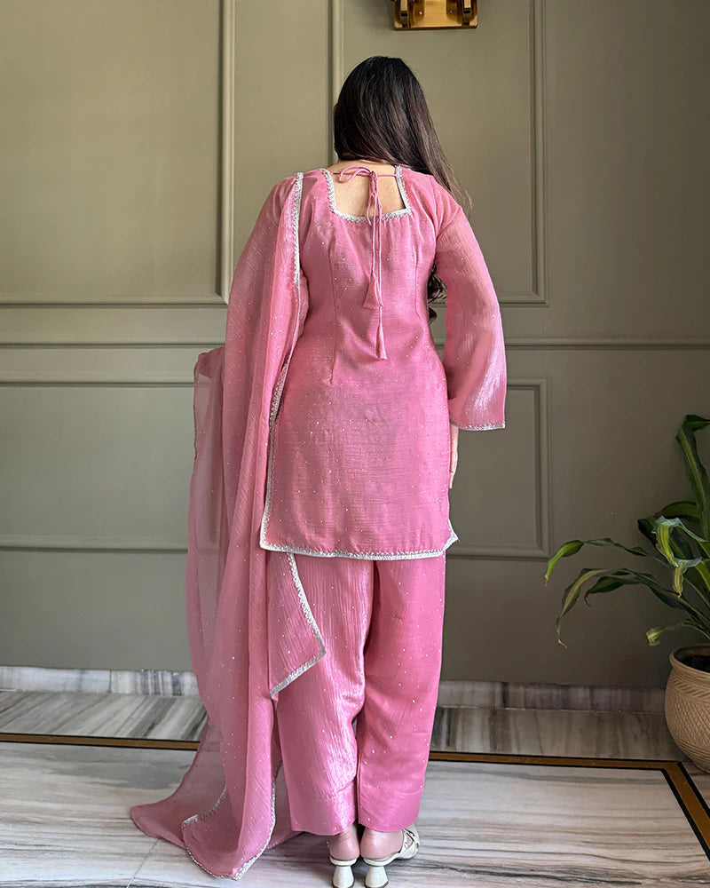 Womenline Pink Color Crunchy Silk Farshi Suit