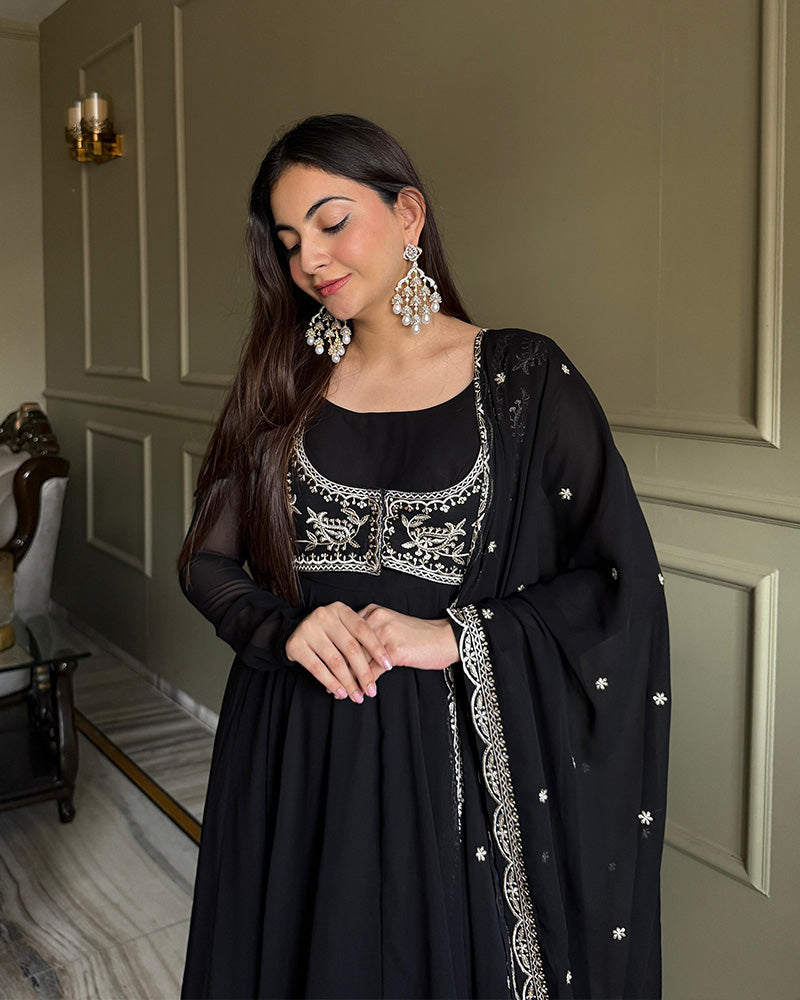 Womenline Black Color Faux Georgette Embroidered Anarkali Suit