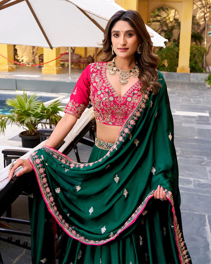 Womenline Green Color Satin Silk Embroidered Lehenga Choli