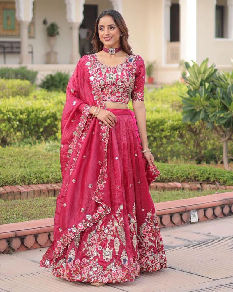Womenline Tomato Color Gold Crush Embroidered Lehenga Choli