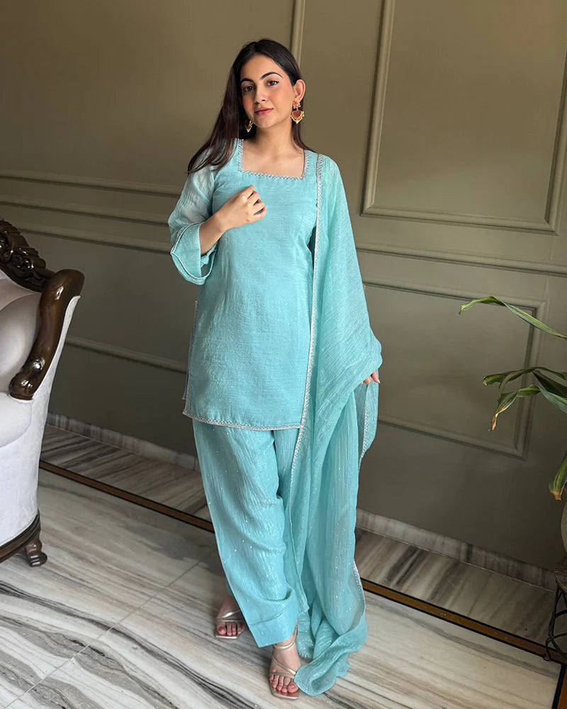 Womenline Sky Blue Color Crunchy Silk Farshi Suit