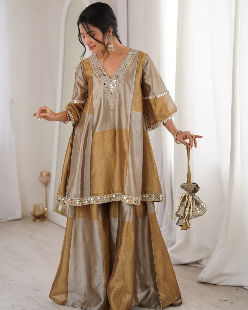 Womenline Grey Color Two-Tone Tissue Silk Embroidered Plazzo Suit