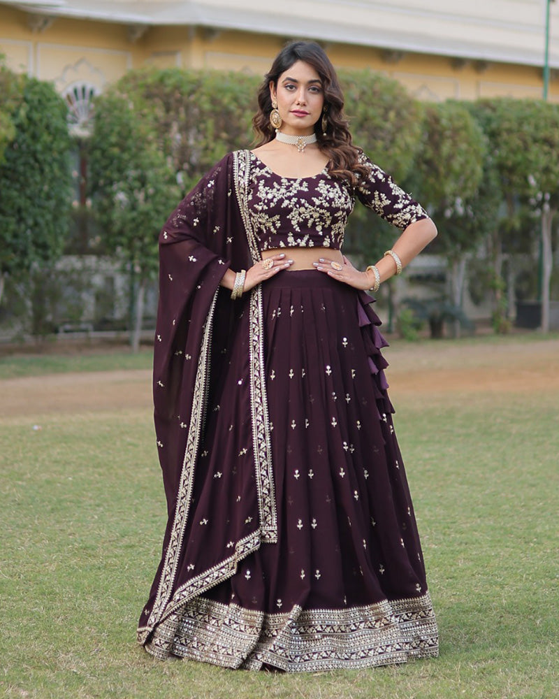 Womenline Wedding Wear Dark Wine Color Designer Blooming Lehenga Choli