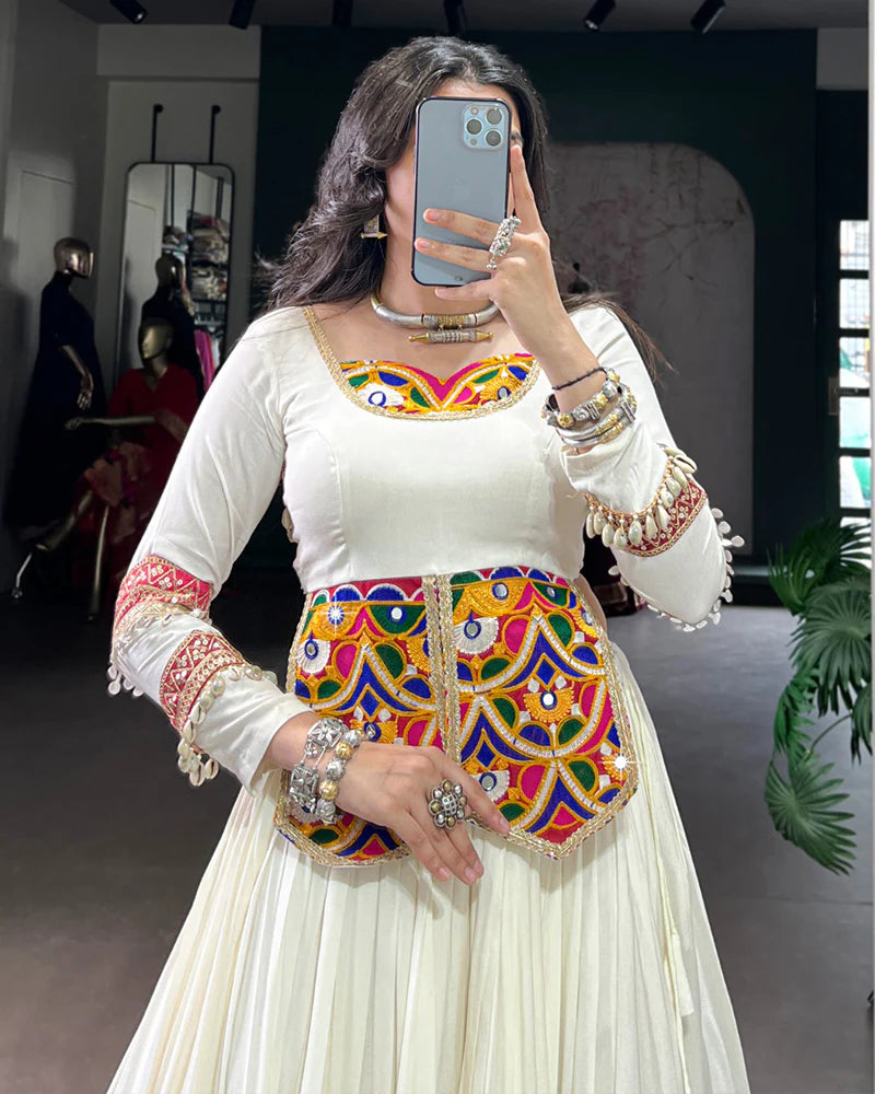 Womenline Multi White Color Pure Rayon Navratri Lehenga Choli