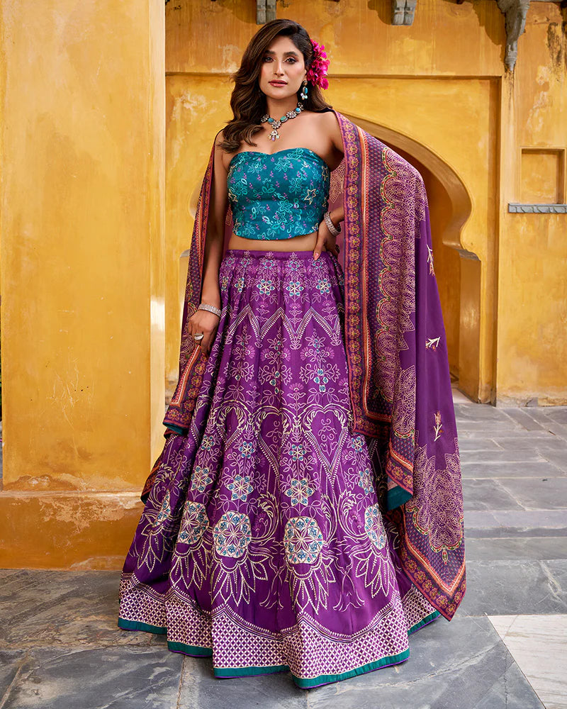 Womenline Purple Color Vichitra Silk Printed And Embroidered Lehenga Choli