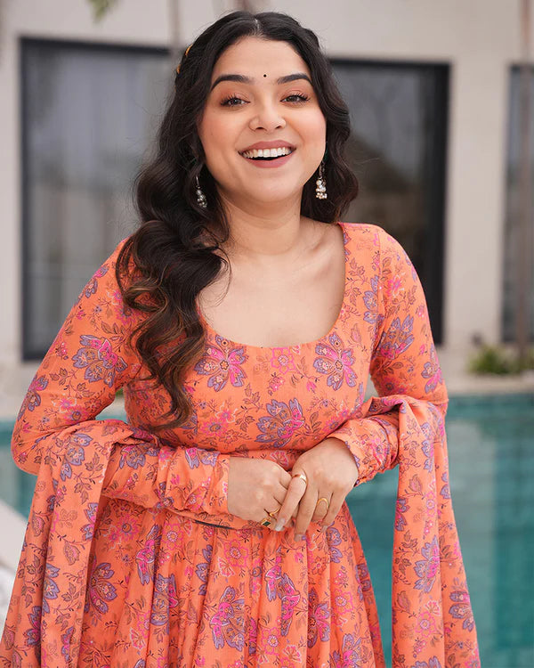 Womenline Orange Color Printed Soft Cotton Three Piece Anarkali Suit