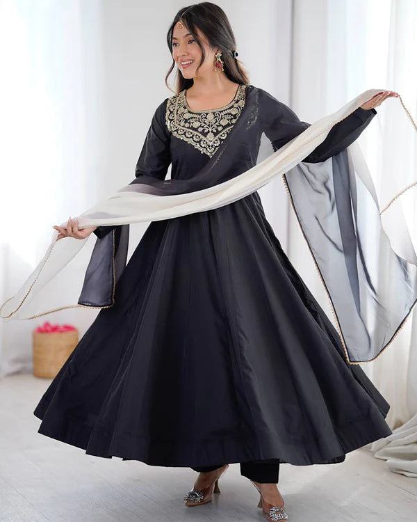 Womenline Black Color Soft French Crape Embroidered Anarkali Suit