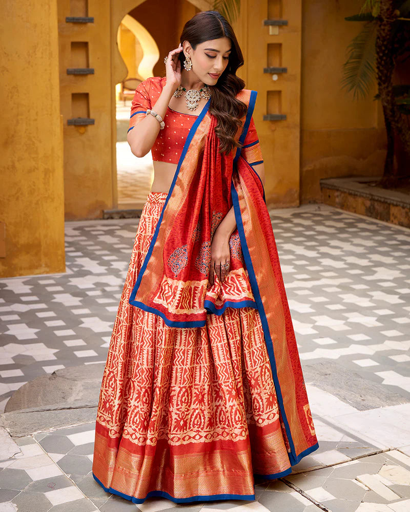 Womenline Rust Orange Color Dola Silk Batik Printed Lehenga Choli