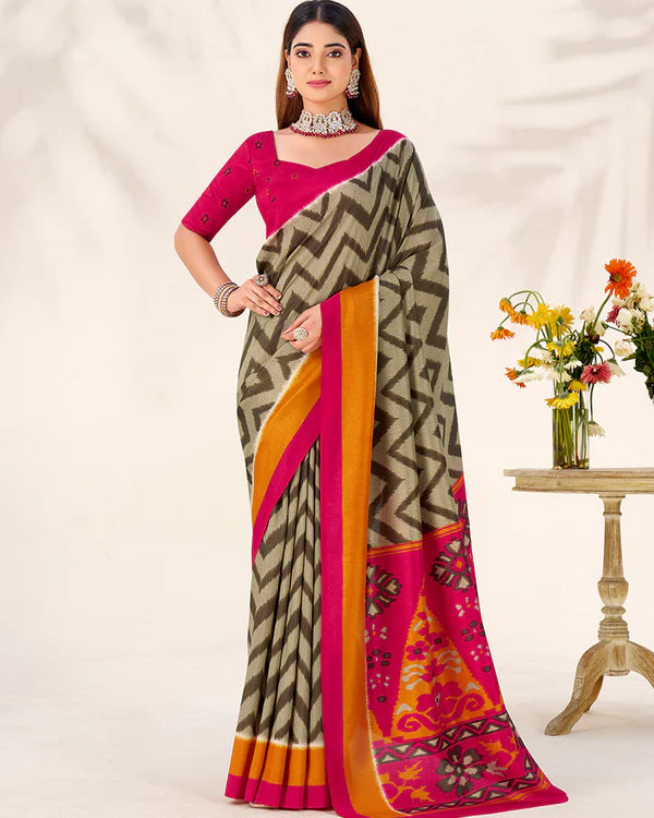 Womenline Mehndi Color Tasar Silk Printed Saree
