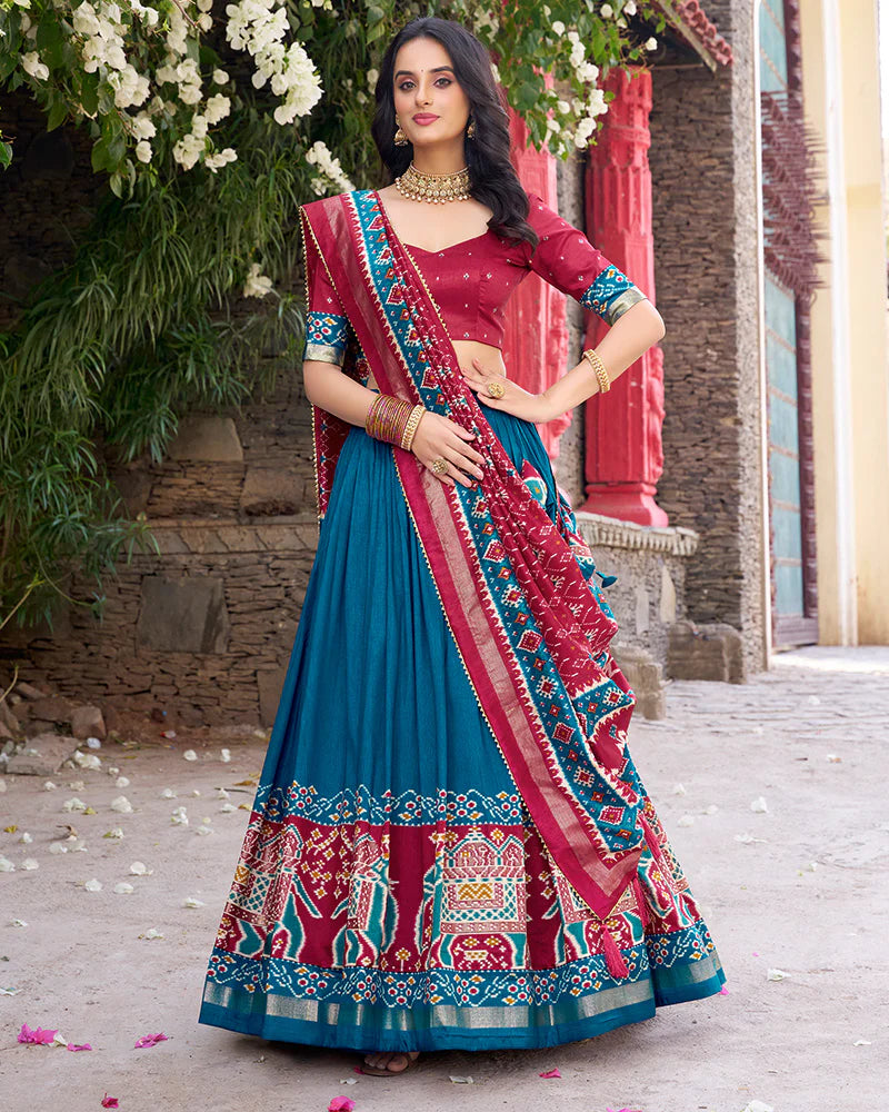 Womenline Designer Patola Printed Teal Green Color Tussar Silk Lehenga Choli