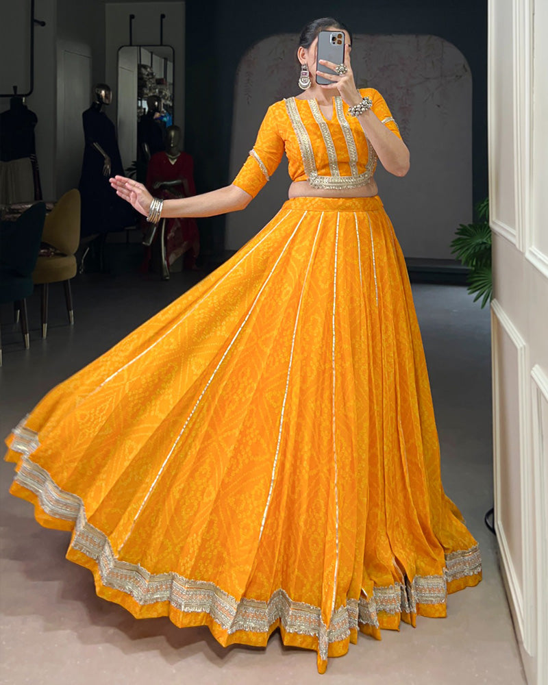 Womenline Yellow Color Chiffon Bandhej Printed Navratri Lehenga Choli