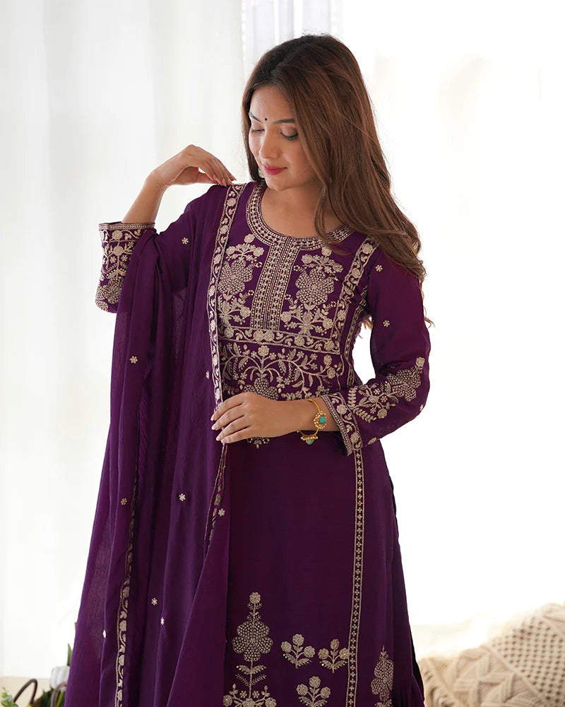 Womenline Wine Color Pure Chinon Silk Embroidered Plazzo Suit