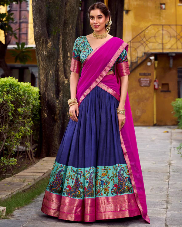Womenline Navy Blue Color Aastha Silk Printed Half Saree