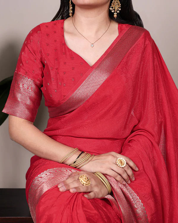 Womenline Red Color Chinon Self Printed Saree