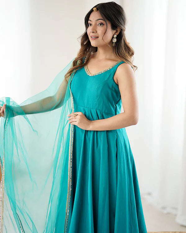 Womenline Rama Color Chanderi Pure Roman Silk Anarkali Suit