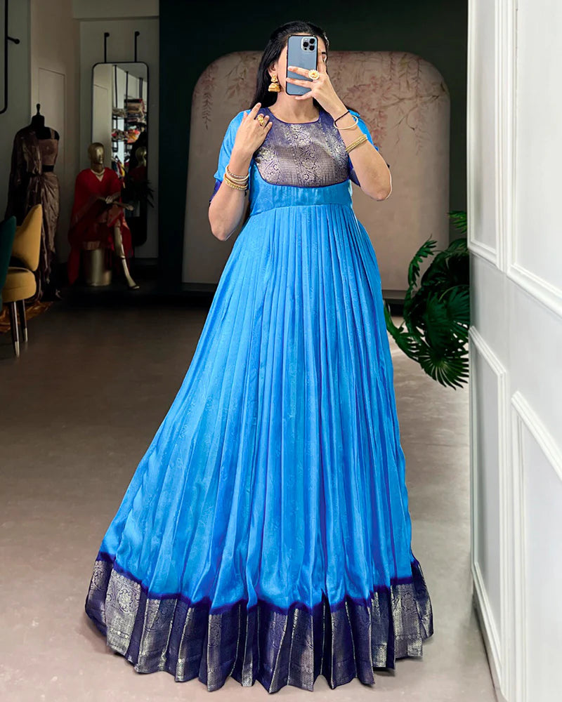 Womenline Blue Color Mass Mello Zari Weaving Gown