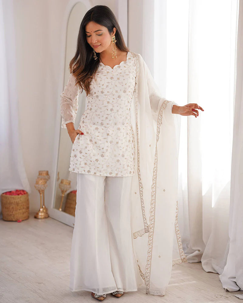 Womenline Off-White Color Crunchy Silk Embroidered Plazzo Suit