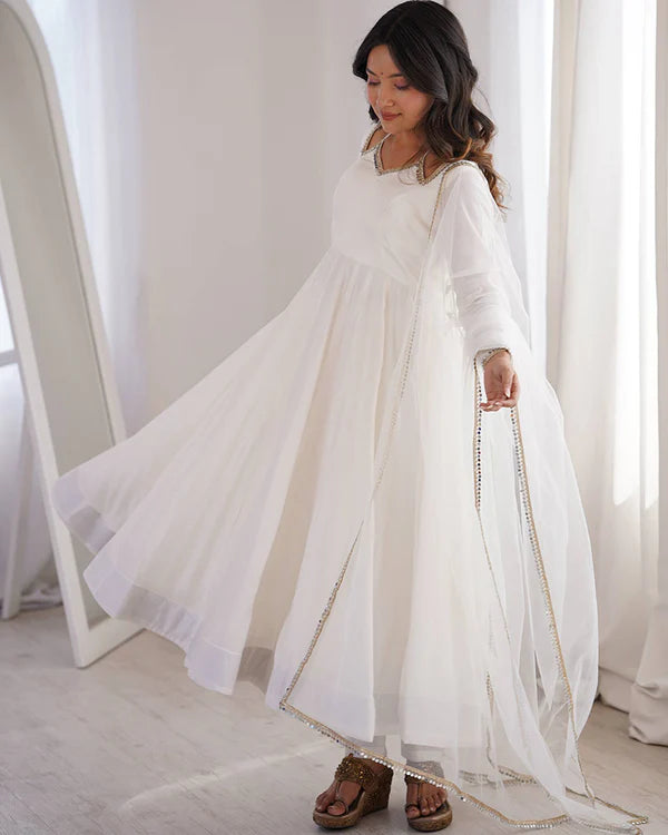 Womenline White Color Chanderi Roman Silk Three Piece Anarkali Suit