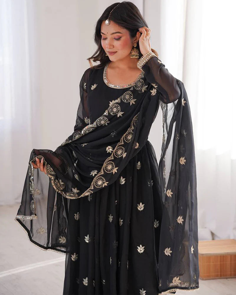 Womenline Black Color Georgette Sequence Embroidered Anarkali Suit