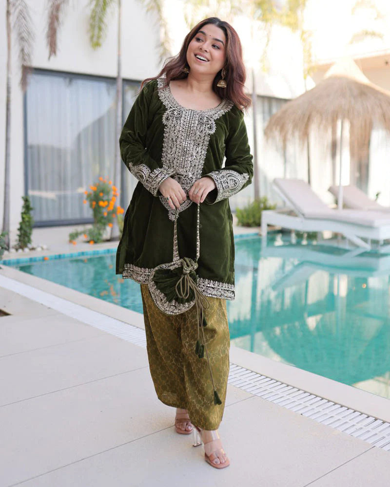 Womenline Mehndi Color Velvet Embroidered Kurti Suit