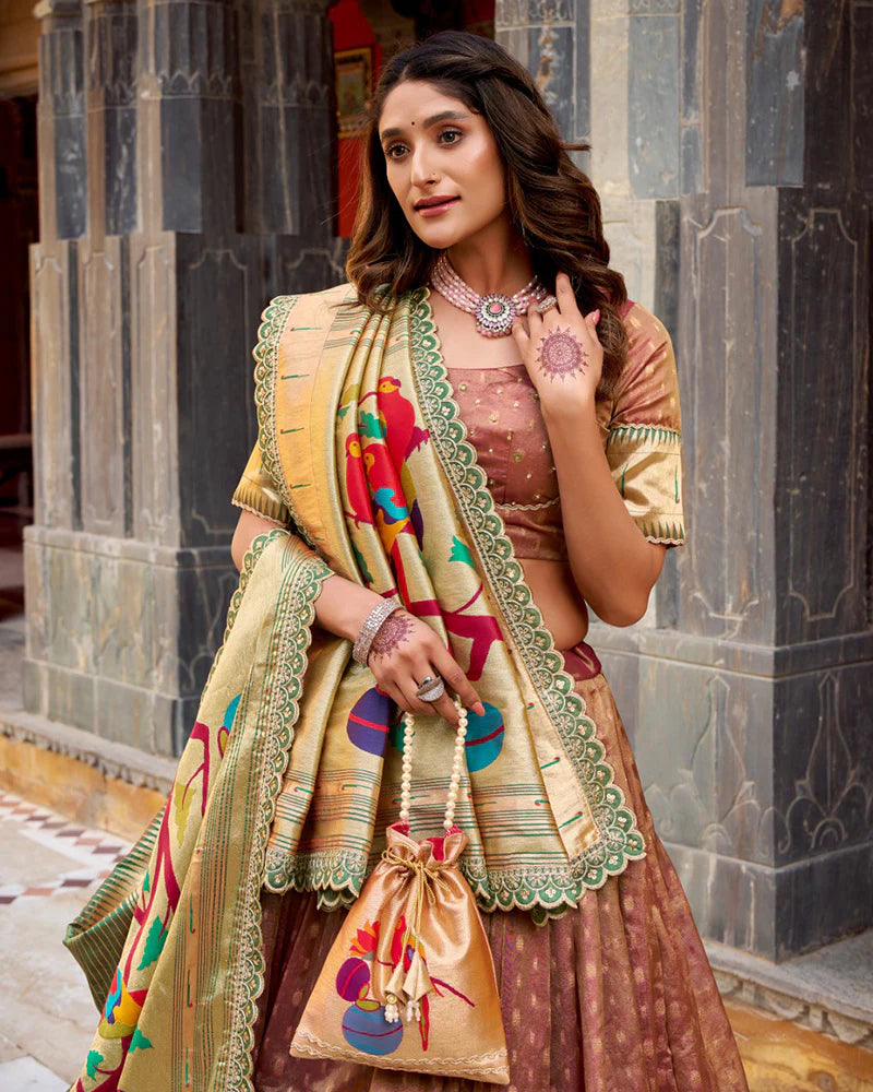 Womenline Brown Color Shimmer Organza Silk Lehenga Choli