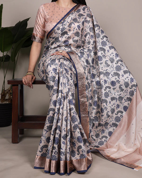 Womenline Off White Color Designer Tasar Silk Printed Saree