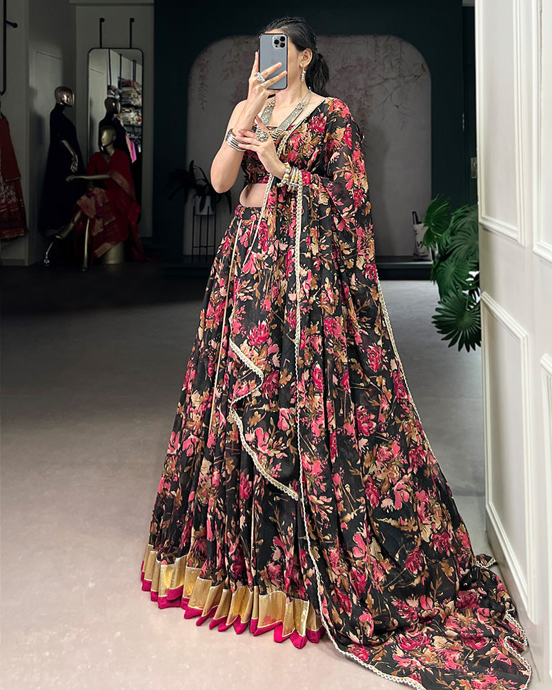 Womenline Black Color Chiffon Printed Lehenga Choli