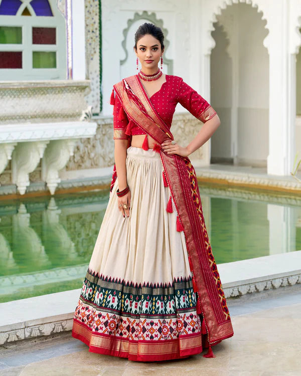 Womenline Off-White Color Tussar Silk Patola Printed Half Saree