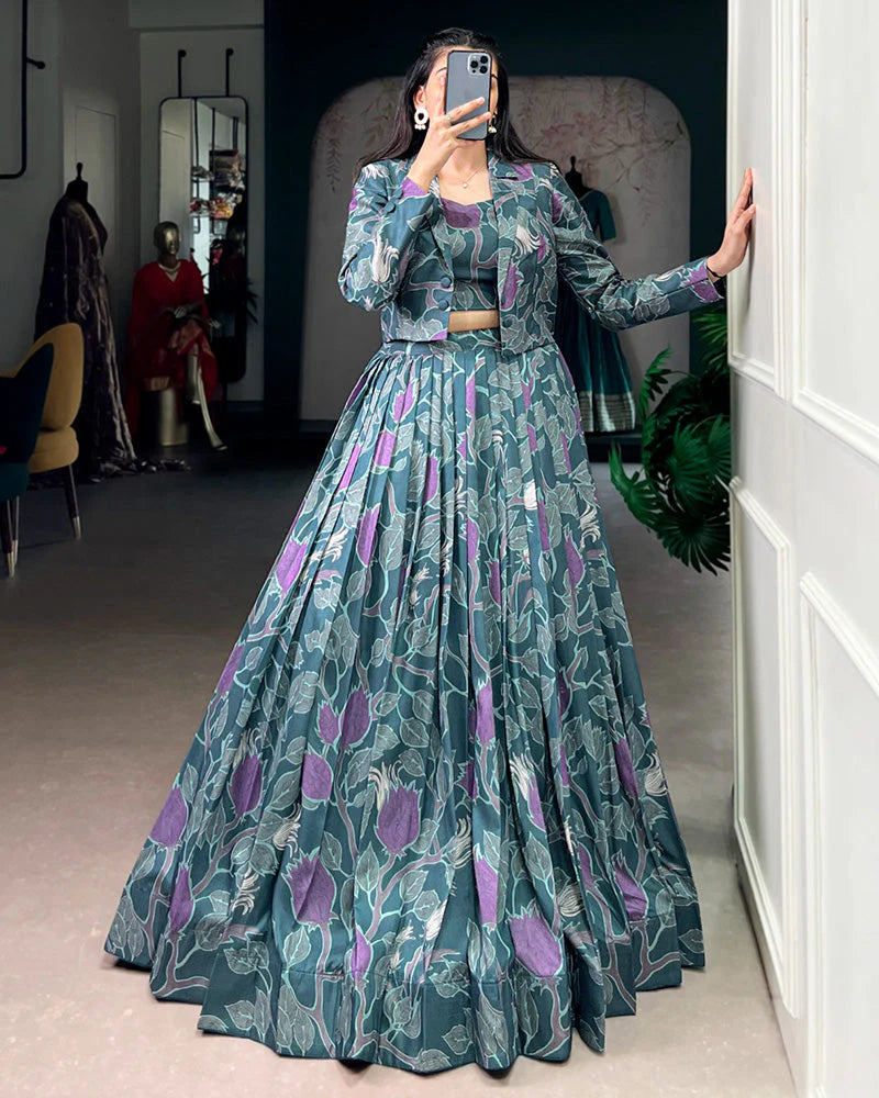 Womenline Teal Blue Color Tasar Silk Printed Lehenga Choli With Koti