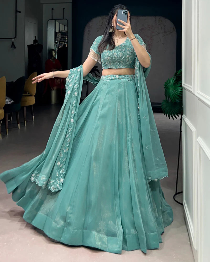 Womenline Sky Blue Color Gold Coin Embroidered Lehenga Choli