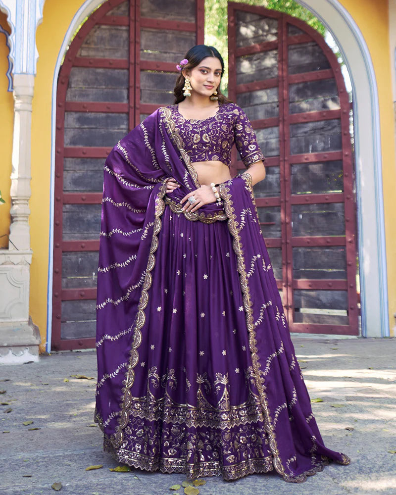 Womenline Purple Color Star Georgette Embroidered Lehenga Choli
