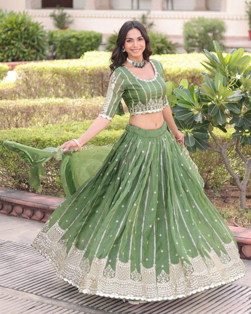 Womenline Mehndi Green Color Gold Crush Embroidered Lehenga Choli